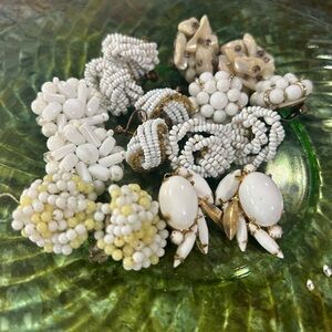 Vintage White and Cream Beaded Cluster Earrings Sets